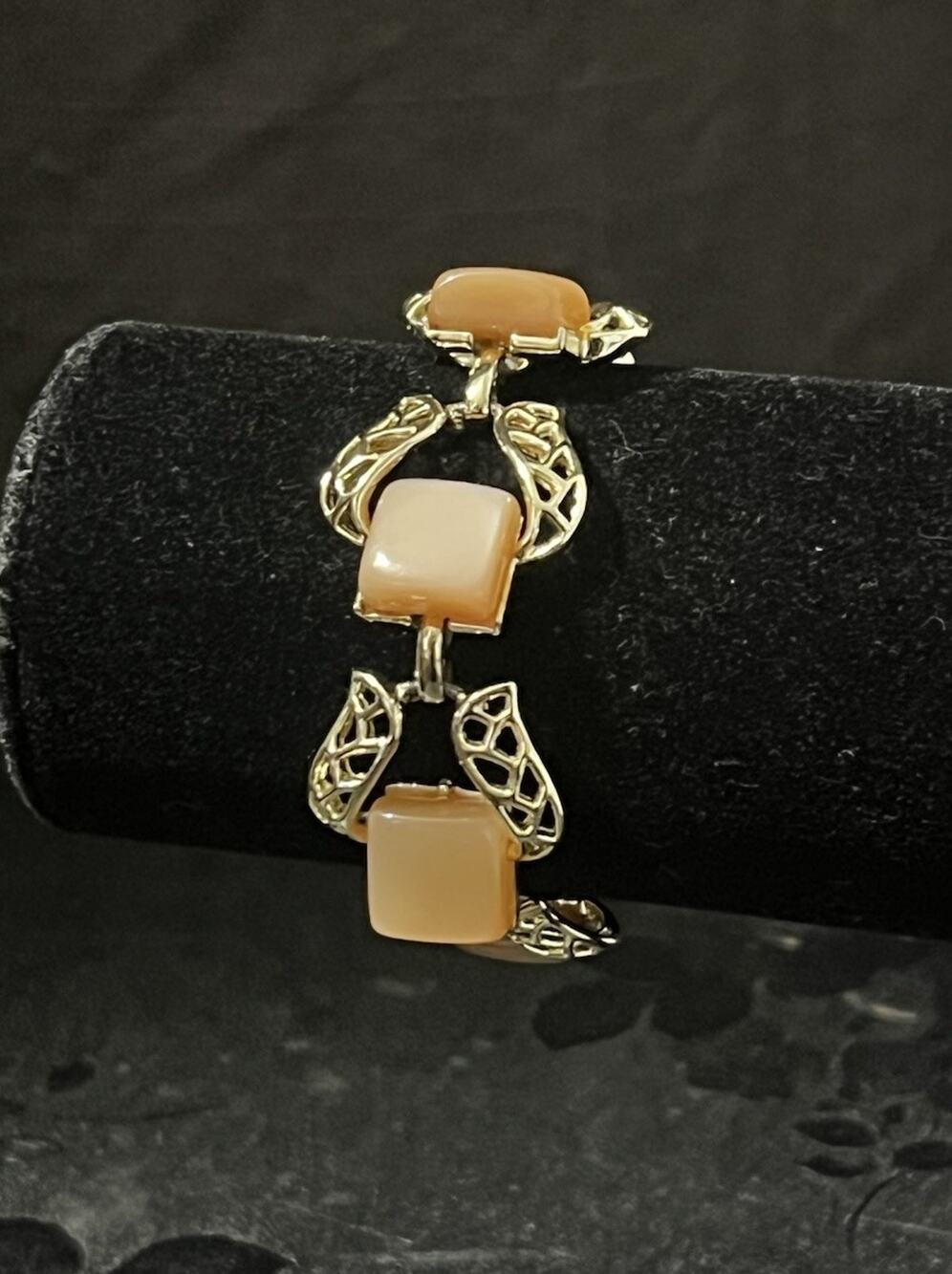 Vintage Coro Peach Orange Cabochon Filigree Link Bracelet 7” Signed Coro